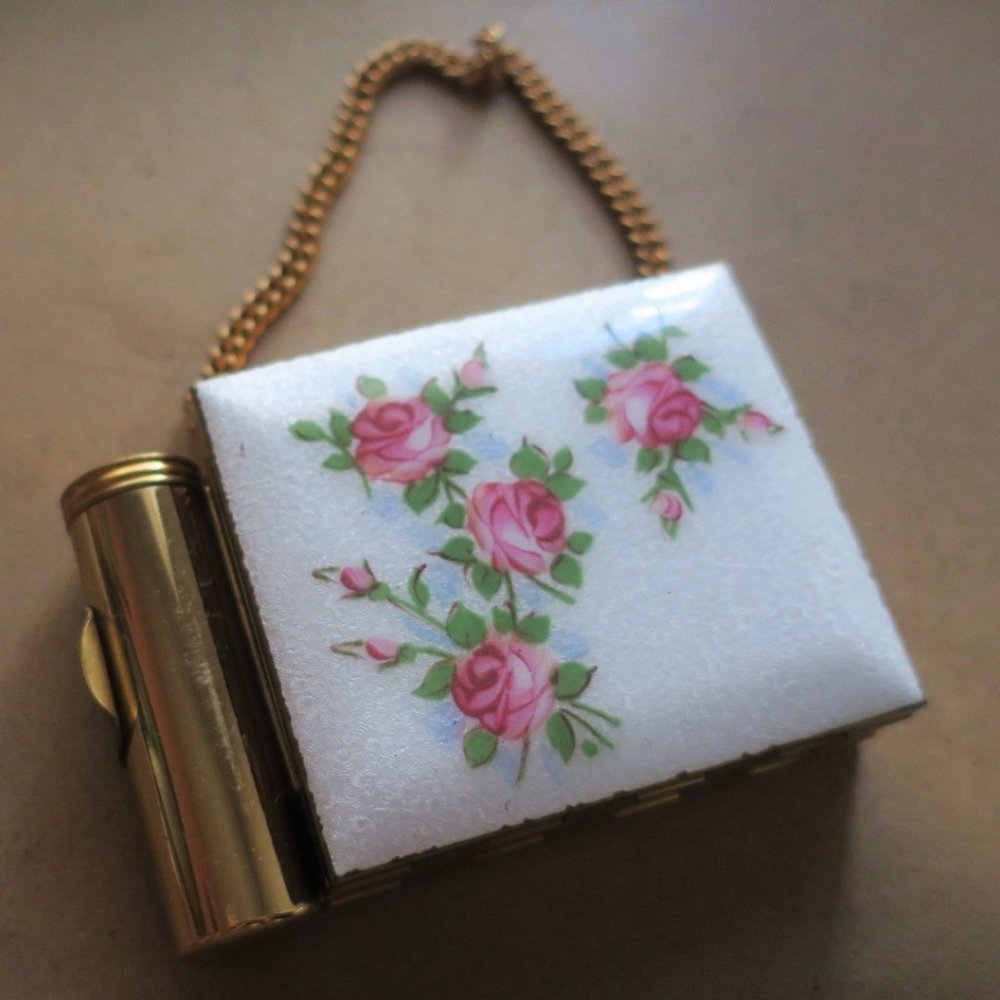Tiny Vintage Enamel Make-up Purse with Roses and